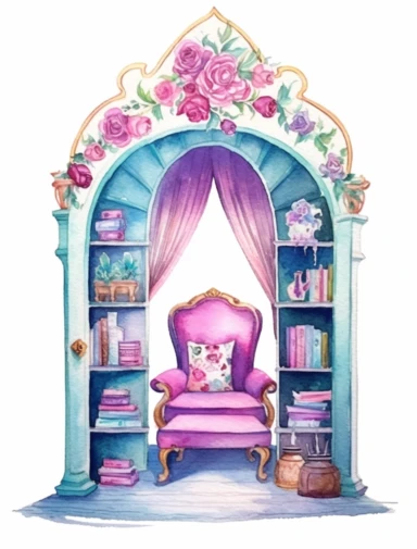 watercolor, a fairytale book nook with flowers and books, in the style of light magenta and aquamarine, arabesque, light magenta and gold, goa-insprired motifs, bloomcore, mysterious backdrops, clipart on white background.