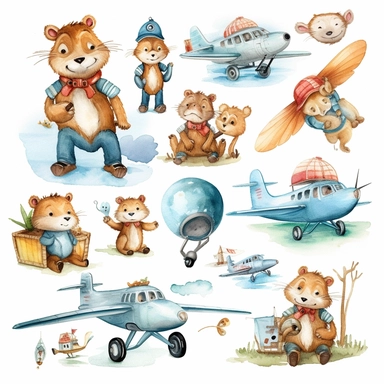 Airplane watercolor clipart set Cute animals illustration