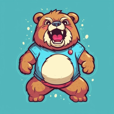 t-shirt design features a vibrant and energetic bear character that exudes a sense of wildness and playfulness. The bear is portrayed in a cartoonish style with exaggerated features, making it instantly eye-catching. The bear is shown standing on its hind legs, towering with an imposing presence. Its body is thick and muscular, emphasizing its strength and power. The fur of the bear is a mix of vibrant colors, like electric blue, neon green, and hot pink, creating a visually striking contrast. T
