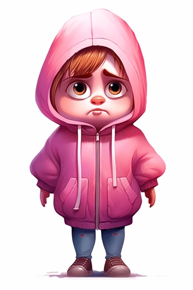 4 year old cartoon Pretty, cute cartoon chubby girl, wearing pink hoodie with sad face, staring at the floor. Pixar childrens book cartoon style, detailed, modern, urban, watercolor, full color, flat color, white background, children book illustration. Watercolor clipart. Pixar animation