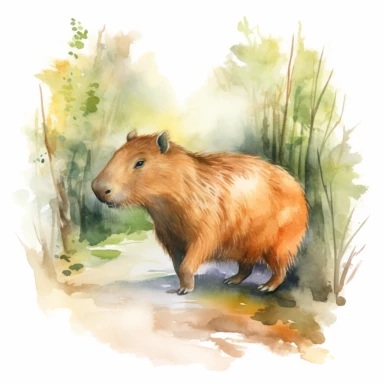 a watercolor clipart of A capybara leisurely strolling along a forest trail, following a set of footprints. Make sure to show its graceful movements and textured fur