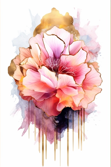 beautiful gorgeous alcohol ink of gold serene nature scene with a central focus on a pink tiger , minimalist style, crystals, glam, glossy, glitter texture, liquid ink clipart, modern and stylish design, bright colors, 300 dpi, clear decoration, clear white background, highly detailed digital art, 8k