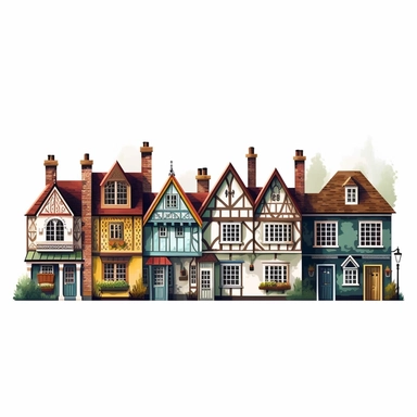 a row of quirky english countryside houses, colorful, clipart on white background