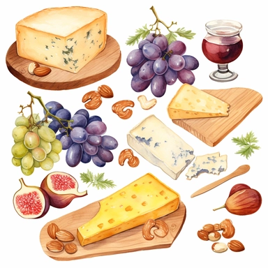 Watercolor cheese platter with wallnuts and grapes and raisins and figs and herbs nicely placed along with cheese on a very large wooden flat plate or cutting board, illustrations clipart set, simple, soft colors, cartoon elements, different variants, cheese from around the world, wooden elements, separate elements with a margin