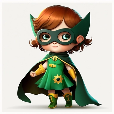 full body happy, smiley and cute little superhero child with black eye mask, cape and green dress, looking directly ahead, in clipart style