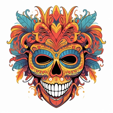 isolated flat clipart on a white background of a spooky day of dead themed voodoo mask tshirt design graphic, in the style of daniel f. gerhartz, transcendent, nikon d850, art of burma, captures the essence of nature, in the style of organic forms and patterns, expansive skies, hyper-detailed illustrations, i can't believe how beautiful this is, lively colors