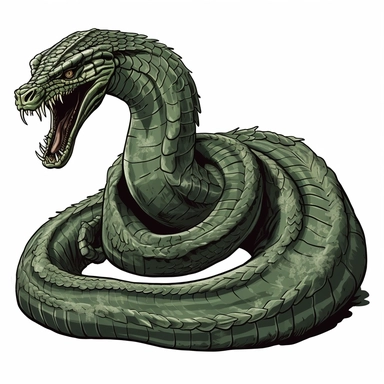 A dynamic and dramatic clipart design of the Basilisk from the Harry Potter movies, depicting its coiled form, striking out with its venomous fangs, and embodying the treacherous nature of this iconic serpent, clipart