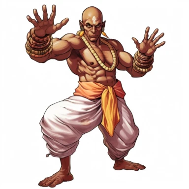 Dhalsim, street fighter character, neogeo, clipart, proportionally enormous arms, pick wu, full body, A tall and lanky Indian yoga master with long arms and legs, a bald head, and a white dhoti.