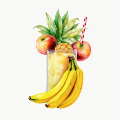 An Banana fruit with a straw inserted, as if ready to be juiced or drink , Watercolor, pastels, clipart, beautiful, colourfull, png transparent white background, high resolution, no caption q4 s2