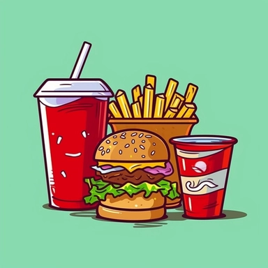Imagine a delightful clipart featuring the classic trio of a cola, hamburger, and chips. The hand-drawn style brings an element of charm. The cola glass stands tall and fizzy, a striped straw poking out. Next to it is a delicious-looking hamburger, complete with fresh lettuce, a juicy patty, and a slice of tomato. A small heap of crispy chips sits nearby, golden and inviting. All these elements are placed on a white background, accentuating the vibrant colors and details of the food.