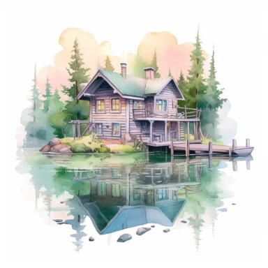 watercolor, hyper realistic, white background, white margins, 16k, ultra detailed clipart, cut out image, hand-drawn a charming lakeside cabin, with pastel-colored walls, a peaceful setting, and a small dock. Soft pastel shades inspired by nature, such as pale blue, mint green, lavender, baby pink, and light yellow