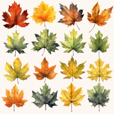 watercolor, It is an illustration set of various fallen leaves. png Full body realistic cartoon in 32K UHD cute. 15 cm thick outline. Black color. There was no shadow on the ground. 8k with realistic watercolors and detailed illustrations. PNG clipart, transparent white background