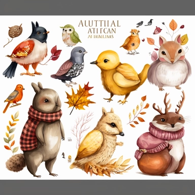 autumn animals, clipart, white background