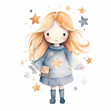 cute Scandinavian whimsical girl with stars, pencil and watercolor clipart style, super high quality, high resolution, pastel colors, isolated white background, 8k