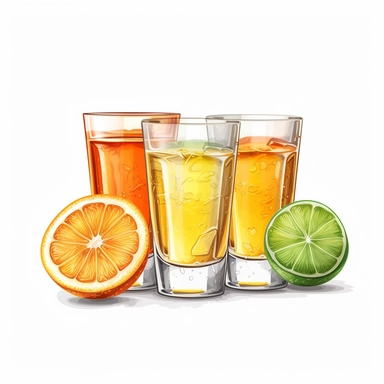 white background on the foreground there are three shot glasses first shot glass sitting on edge of the rim is a green lime wedge on the second glass is a yellow slice of pineapple wedge on the edge of its rim on the third glass is a slice of orange sitting on the edge of its rim, in the style of clipart, simple sketch style for the whole image