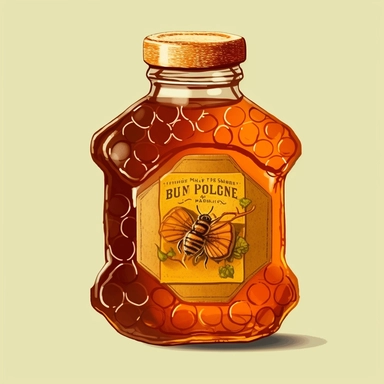 A honey bottle with a label featuring a honeycomb pattern, highlighting the origin and authenticity of the golden honey inside. (Digital drawing clipart, image black border color, full body, flat texture, transparent background)