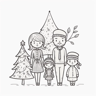cute Family celebrating Christmas, thin black outline on White Background, Clipart style