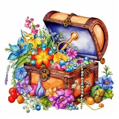 clipart, isolated on white background, Watercolor spring treasure chest with jewelry, detailed, beach, flowers and plants, ornated, vivid and vibrant and saturated colors