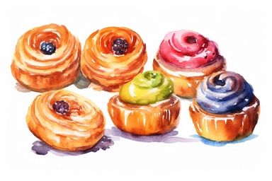 watercolor Danish pastry clipart, hd, white background, spaced out