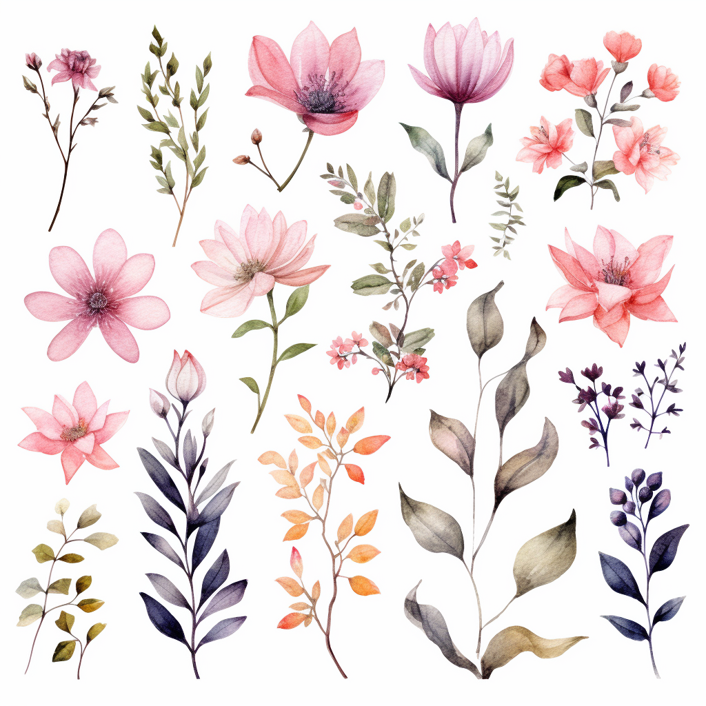 beautiful floral watercolor clipart set with flowers, leaves, and ...