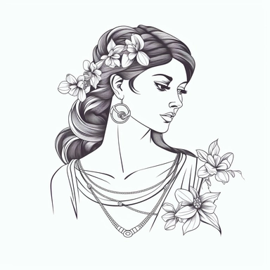 buste aphrodite, branche, flower, necklace, jewerly logo brand, simple line art, bold black line, black and white, clipart