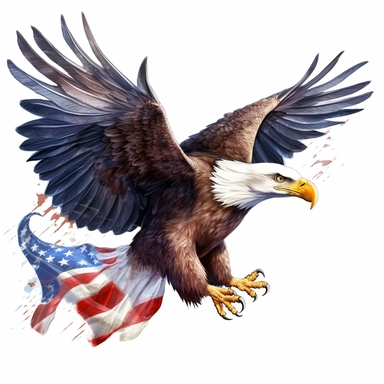 flying bald eagle with american flag in his talons, clip art, white background