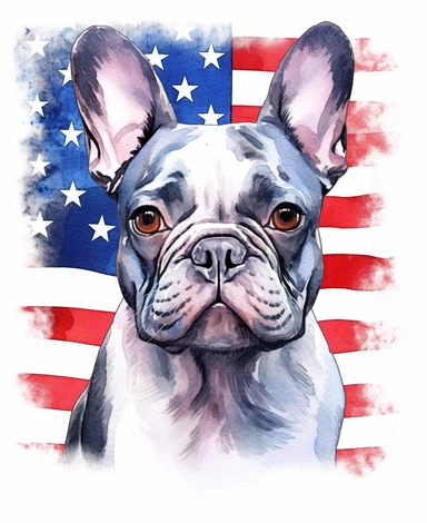 Watercolor Patriotic French Bulldog werring a usa flag clipart, hd, isolated on white background, spaceout,hand drawing, thick lines, no shading, vivid color, low detail