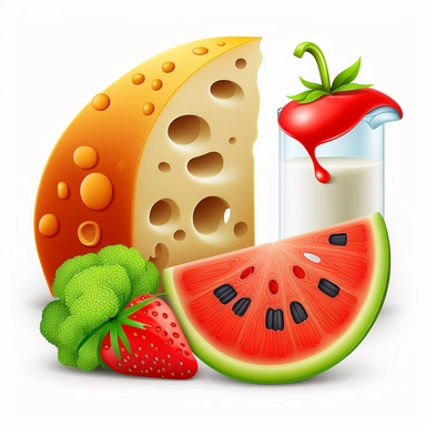Clipart, Cartoon, milk, bread, tomato, banana, orange, one slice of watermelon, broccoli, white background