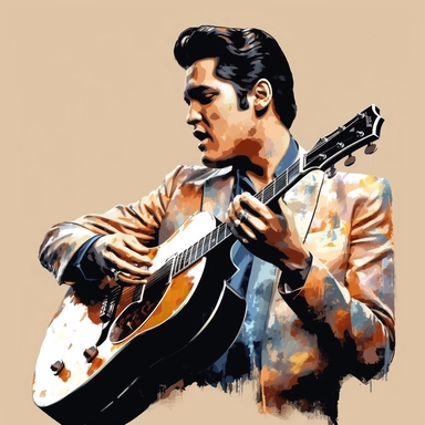 portrait view, full view, beautiful image of Elvis Presley with guitar and microphone, romantic, fantasy, sharp focus, high detail, 8k, illustration clipart style, transparent background, (--iw 10)