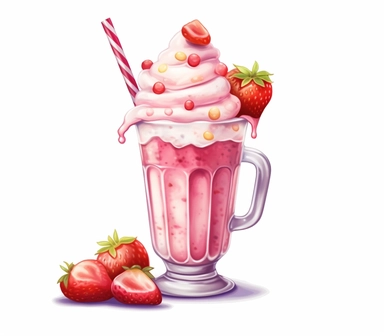 Immerse yourself in the world of delectable treats with this 3D watercolor clipart of a strawberry milkshake. The artwork is skillfully rendered to capture the essence of watercolors, with soft and blended tones creating a delightful visual effect. Against a pristine white background, the strawberry milkshake stands out with its vibrant pink color and inviting texture. The clipart exudes a mood of indulgence and joy, evoking a sense of satisfaction and craving. Whether for culinary designs, menu