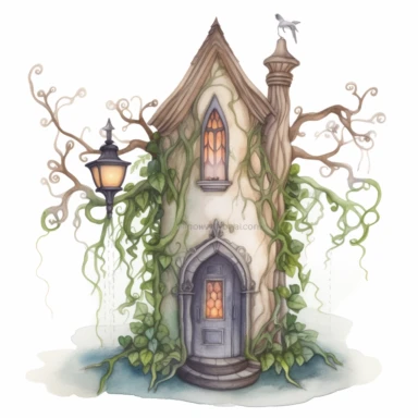 a cute but creepy new orleans style chapel, a creepy candle in it, surrounded by creepy vines, watercolour pencil style, magical, kids art, isolated on a white background, PNG file clipart style, Dennis Wojtkiewicz, Amanda Clark, Lowell Herrero,