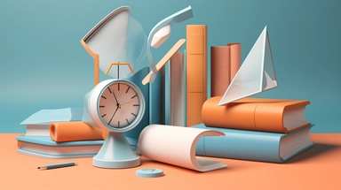 book, paper plane, paper clip, magnifying glass, magnifying glass, clock, 3d rendering, education concept, 3d, in the style of light azure and orange, sculptural ceramics, atey ghailan, website, piles/stacks, subtle color palette, mid-century