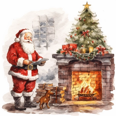 Clipart on White Backgraund Traditional Red Santa Claus Checking His List Panel by the fireplace near big Christmas tree Water color