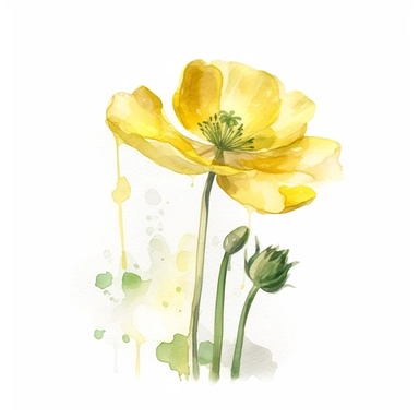 Buttercup flower, water color style, clipart, white background