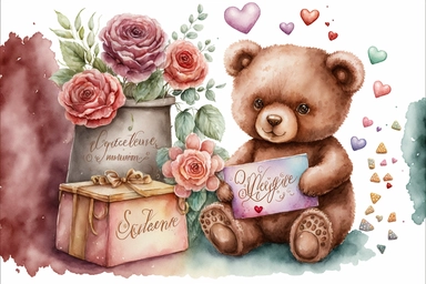 valentine flowers, chocolates, teddy bears, cards letters expressing love and affection accessories clipart, Aquarelle hand painting, aesthetic, watercolor, sparklecore, fantastic realism, fairytale