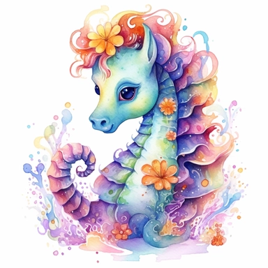 Cute Beautiful Fantasy colorful Baby seahorse Watercolor clipart,Cartoon, hyper realistic, intricate detail, illustration style,high solution,on the white background