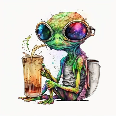 Illustration in boho style, clipart, sublimation picture Alien with a huge glass of Irish beer. Bright colorful colors. White empty background, high quality 8k, quality detail