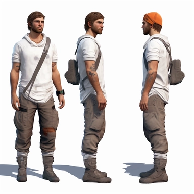 A young male, full body shoot, urban wear, future post ecological evolution. unreal game engine style, different poses, detail, clipart, white background, one of a kind--ar 16:9