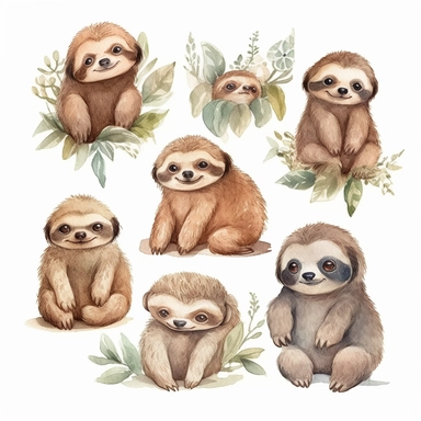 Lovely watercolor set of baby sloth clipart, in different positions, by walt disney, white background