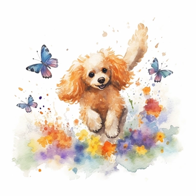 Playful poodle chasing butterflies in a sunlit garden, its tail wagging with excitement, capturing its joyful and lively spirit, white background, watercolor clipart