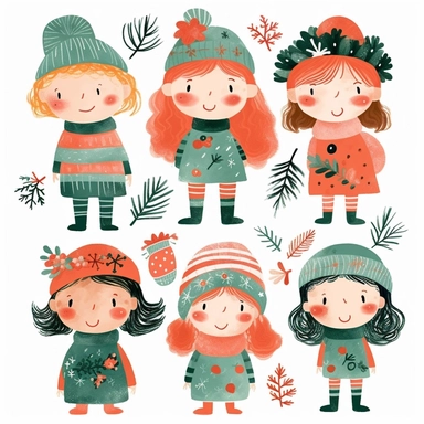 Christmas clipart set, whimsical and cute hand drawn illustration, playful expression, rounded shapes, isolated image white background