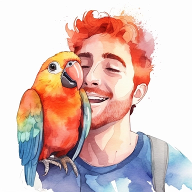 Adorable pet Lovebird having happy moment with it's human owner, water color style, clipart, white background