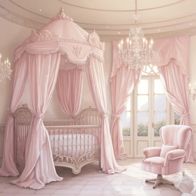 panoramic view, full view, beautiful elegant royal baby girl nursery room drawing painting, frilly, romantic, fantasy, ethereal, light pink and white colors, beautiful crib with beautiful full flowing canopy, beautiful bling crystal chandelier, soft pink teddy bear, beautiful large Victorian style window with beautiful pink flowing drapes, faux fur rug, sharp focus, high detail, 8k, illustration clipart style, transparent background