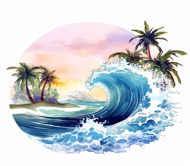Cute Beautiful Wave Beach Tropical Watercolor Sublimation Clipart,Cartoon, hyper realistic, intricate detail, illustration style,high solution,on the white background , 32k resolution, ultra high definition