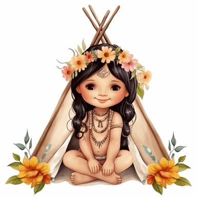 Cute Beautiful Happy Face Native American Baby Sitting Under Tipi Flowers Sublimation Clipart ,Cartoon,hyper realistic, intricate detail, illustration style,high solution,on the white background
