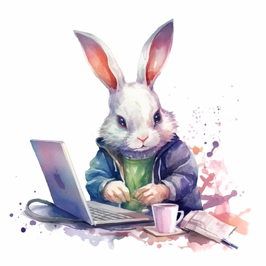 watercolor clipart, cute funny bunny, in style programmer, working on a computer, With an intelligent look, funny and floppy ears, white background, no watermarks, suitable for printing