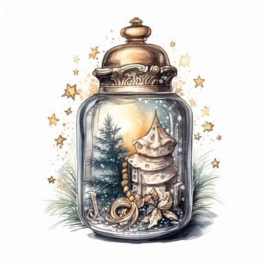charming glass jar filled with Christmas magic and wonder, watercolour clipart, silver and gold colors, I can't believe how beautiful this is