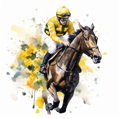 ace horse, with jockey, with yellow flowers water color, white backhround, clipart