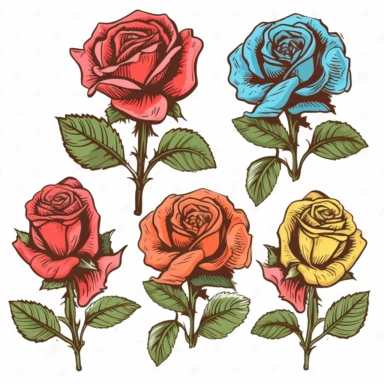 color hand drawn illustration of multiple single open roses and rose bud flowers, flash sheet, clipart, 2d vector, retro style, clean white background,