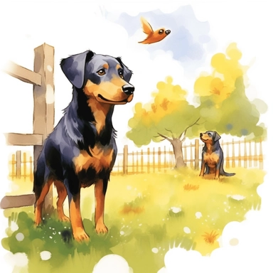 : Show a smaller golden colored older beagle lab dog and a large black shepherd/lab breed dog standing near the fence looking up at a tree, a squirrel is sitting in the tree taunting them. happy, warm, children's book illustration watercolor style, clipart, realistic, isolated on white background, 4K